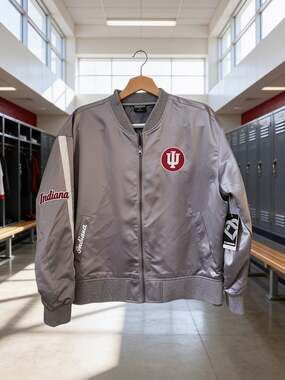 NEW Colosseum Indiana University Hoosiers Women's Grey Satin Bomber Jacket Size